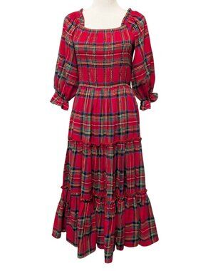 Ivy City Co Womens Sz M Madeline Red Holiday Plaid Smocked Ruffle Tiered Dress